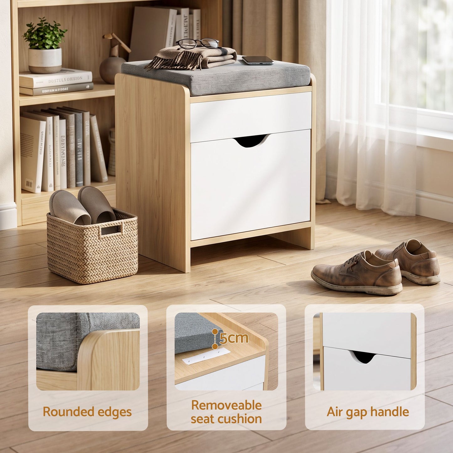 TWSC Storage Ottoman with Drawer 100kg Capacity Footrest Cushion Pine