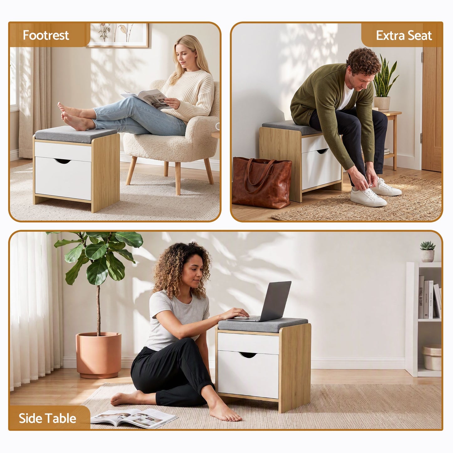 TWSC Storage Ottoman with Drawer 100kg Capacity Footrest Cushion Pine