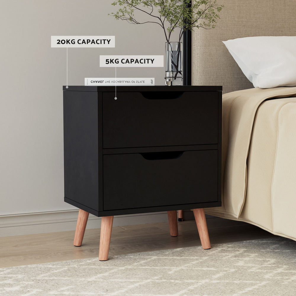 Bedside Table with Two Drawers – Black, 40x30x50cm, Set of 2