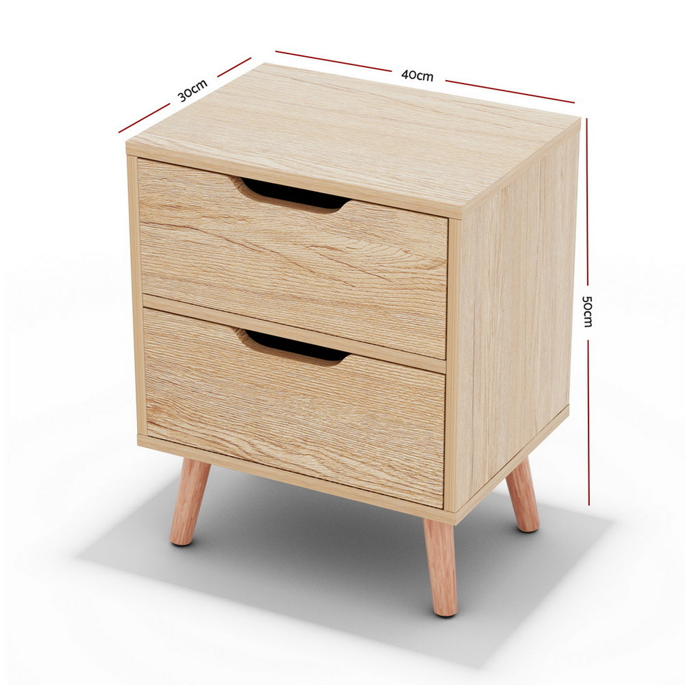 Bedside Table with 2 Drawers – Pine Finish, 40x30x50cm, Set of 2