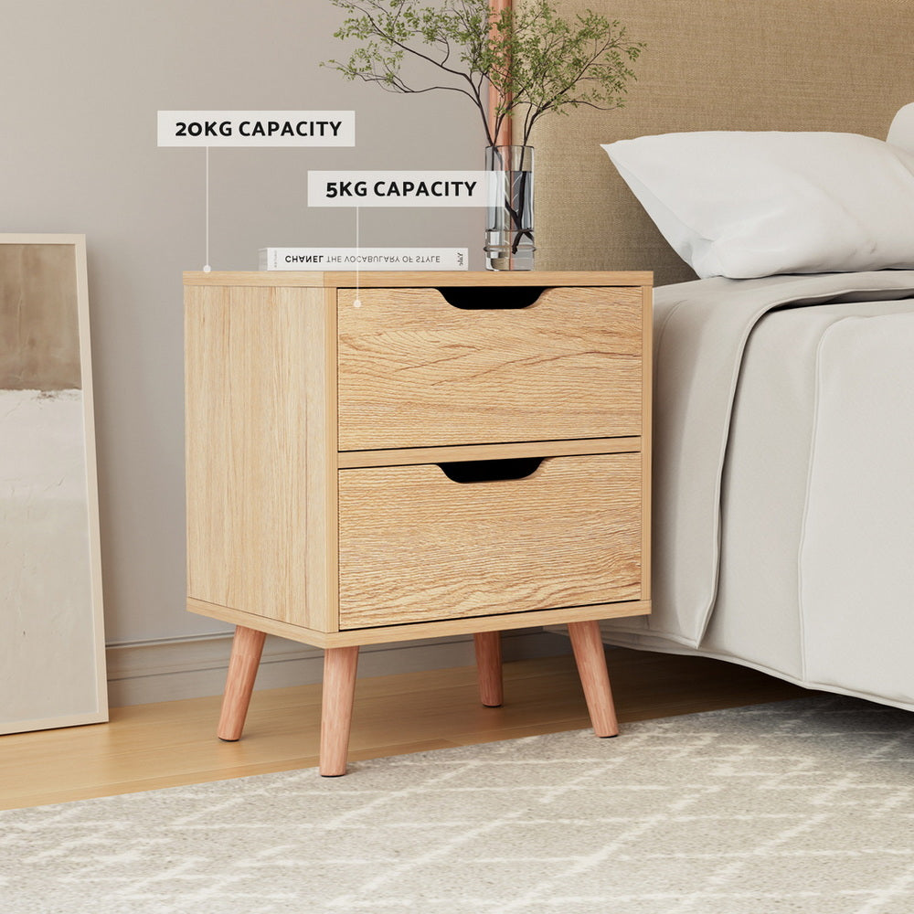 Bedside Table with 2 Drawers – Pine Finish, 40x30x50cm, Set of 2