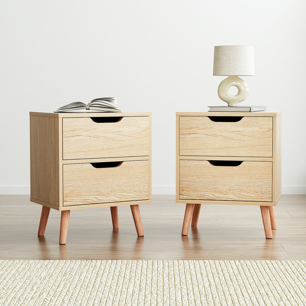 Bedside Table with 2 Drawers – Pine Finish, 40x30x50cm, Set of 2