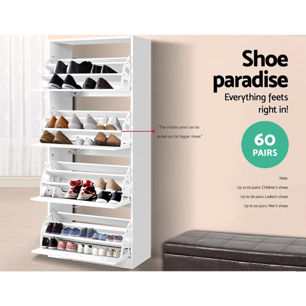 Shoe Rack Cabinet – 4 Doors, White, 60-Pair Capacity
