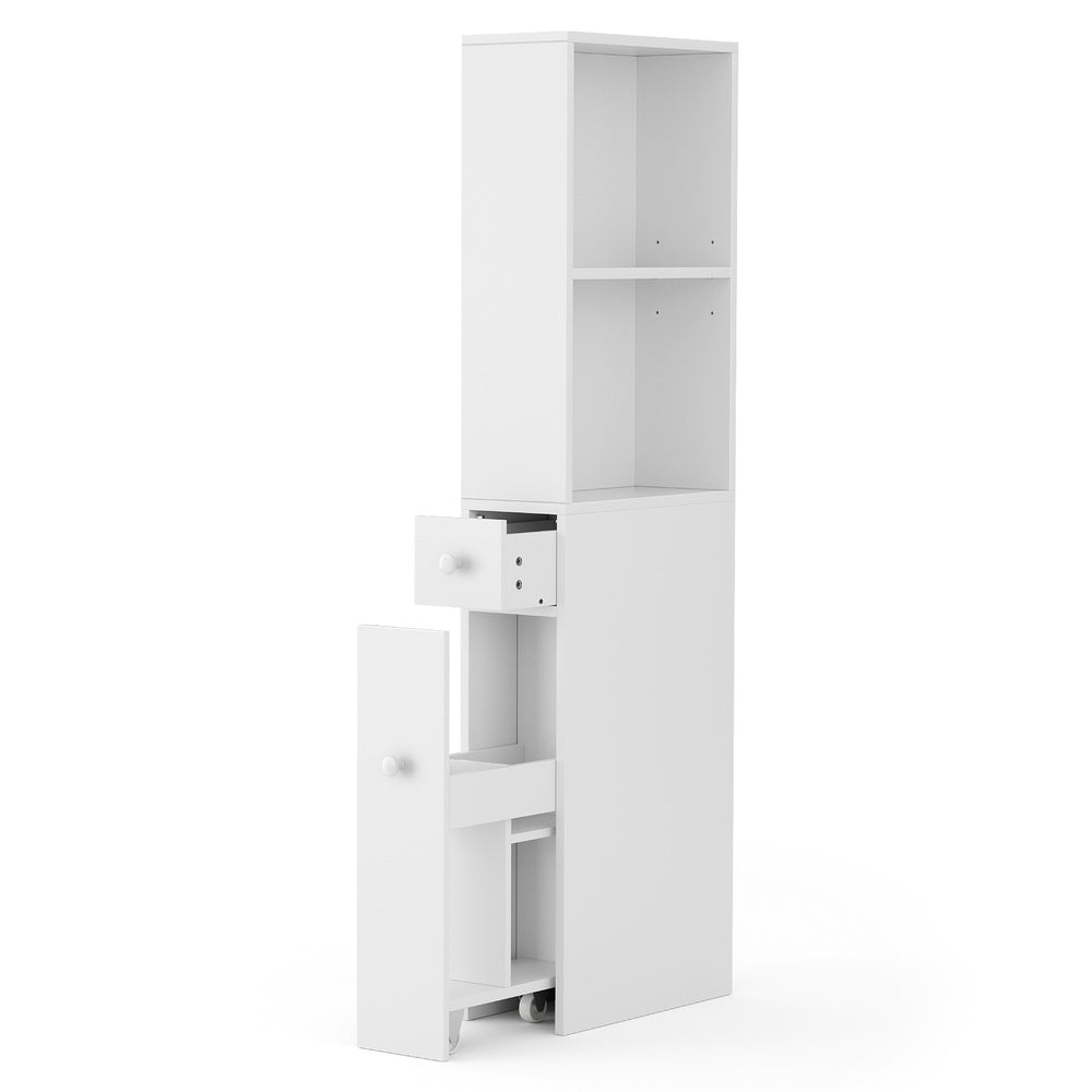 Bathroom Storage Cabinet – Slim Organiser with Drawer, White 135cm