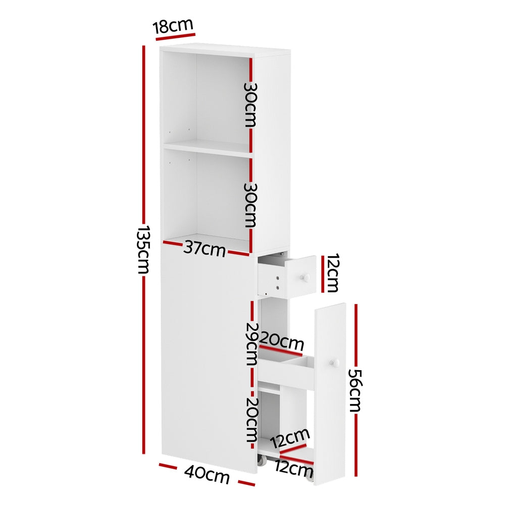 Bathroom Storage Cabinet – Slim Organiser with Drawer, White 135cm