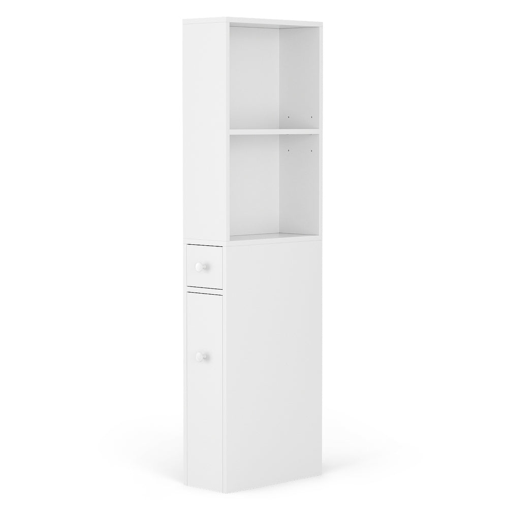 Bathroom Storage Cabinet – Slim Organiser with Drawer, White 135cm