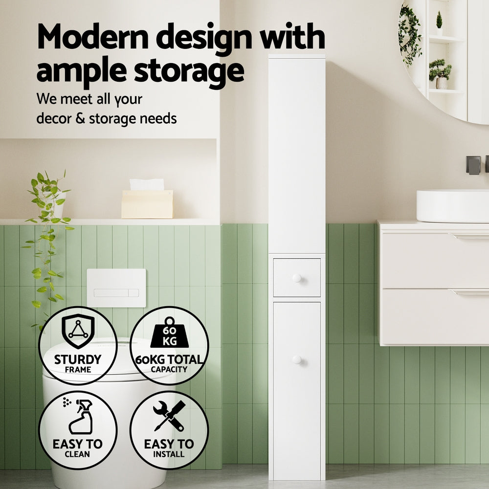 Bathroom Storage Cabinet – Slim Organiser with Drawer, White 135cm