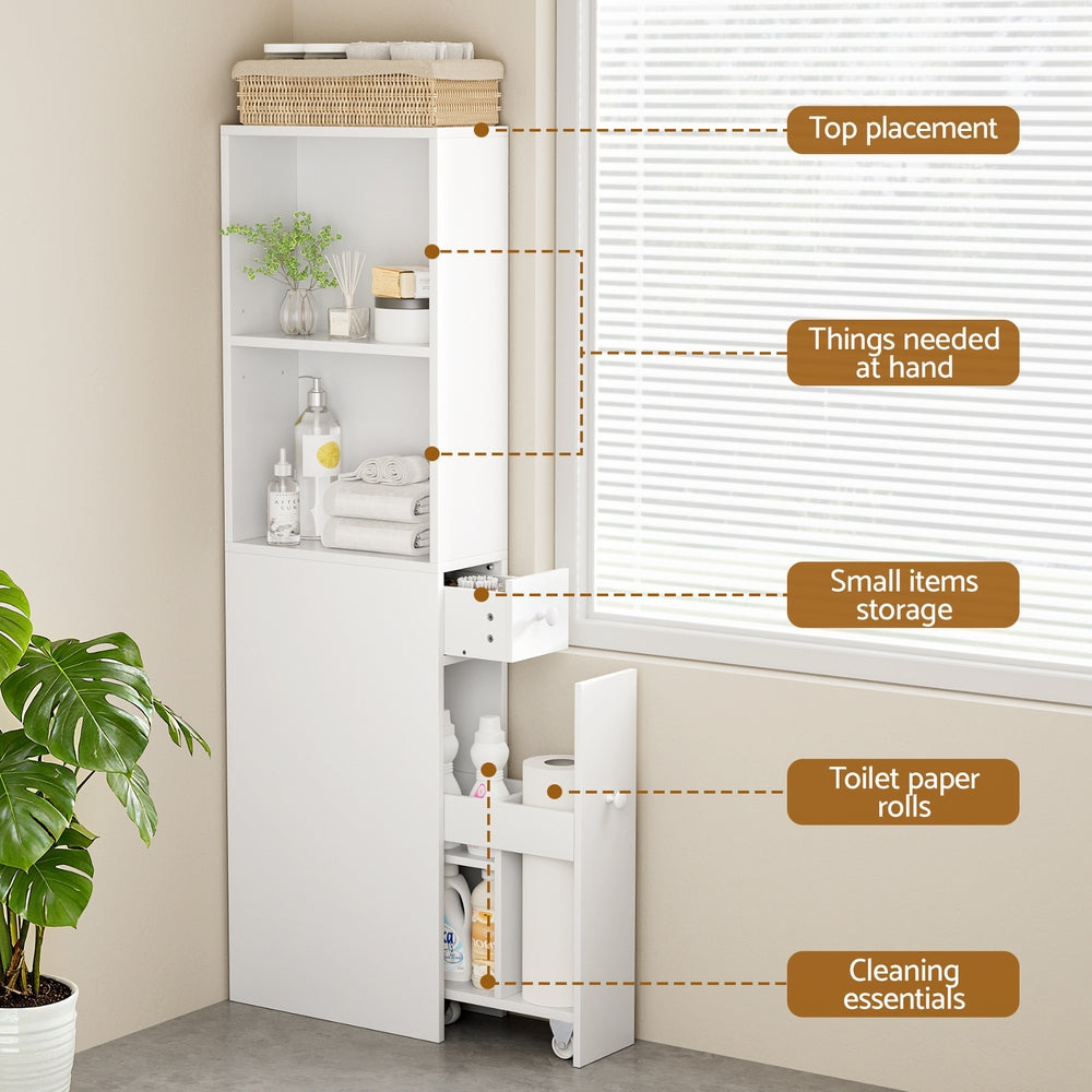 Bathroom Storage Cabinet – Slim Organiser with Drawer, White 135cm