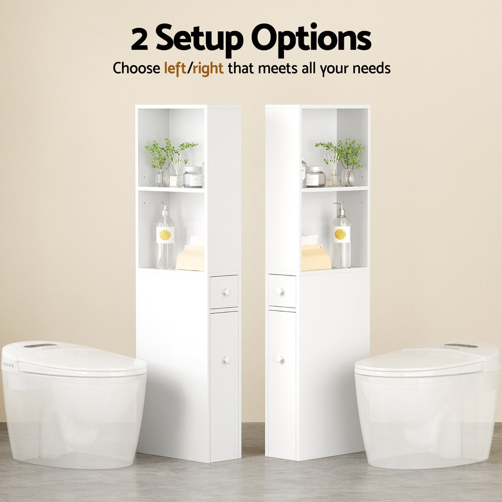Bathroom Storage Cabinet – Slim Organiser with Drawer, White 135cm