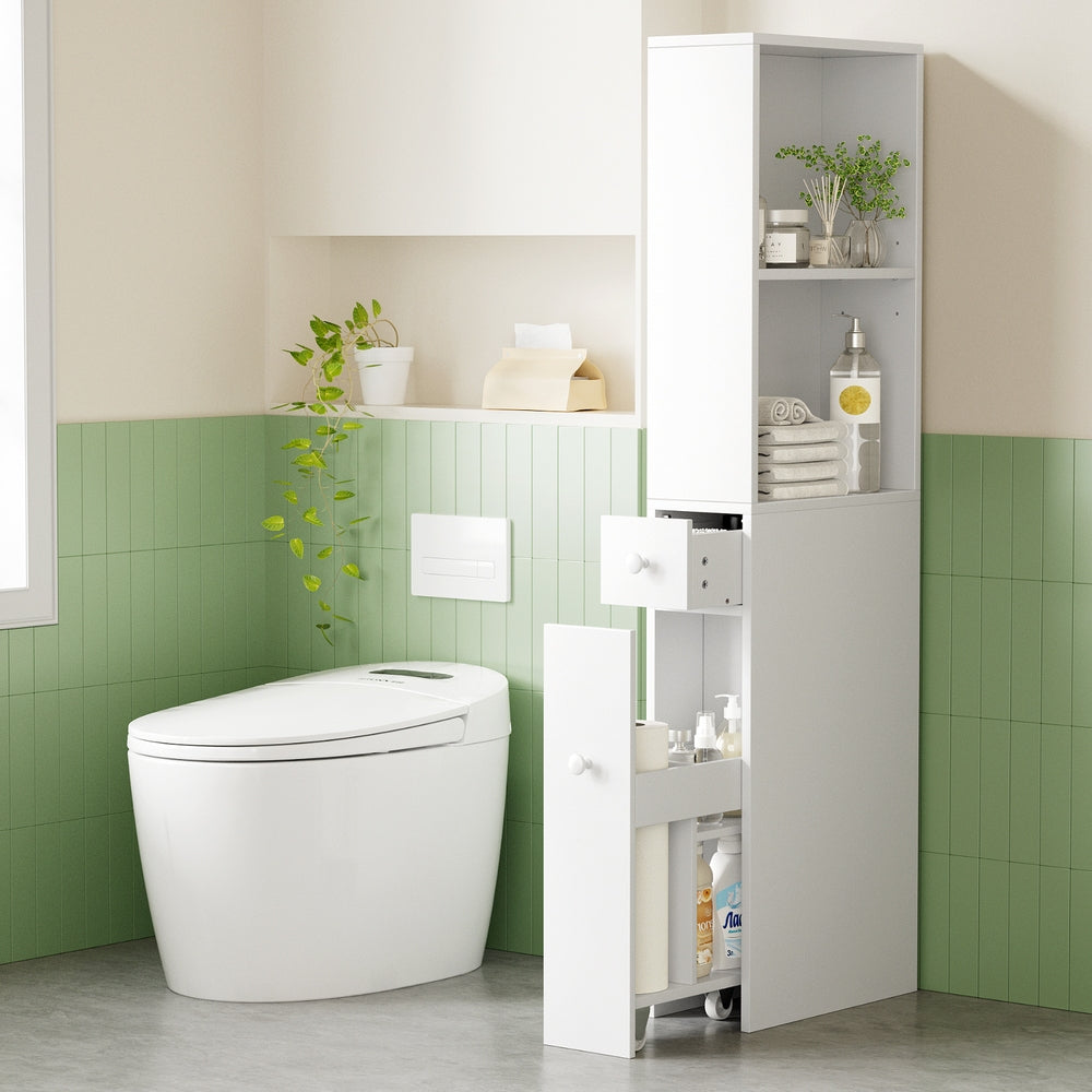 Bathroom Storage Cabinet – Slim Organiser with Drawer, White 135cm