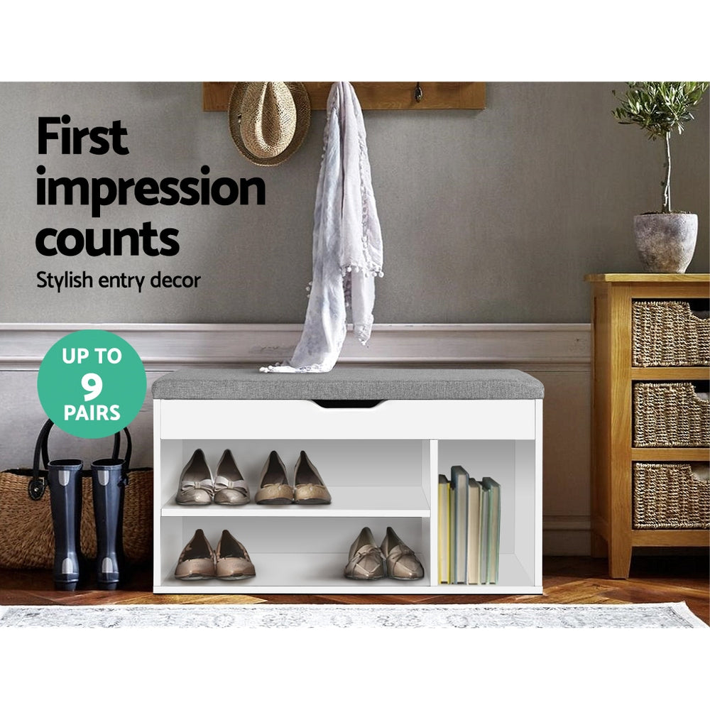 Shoe Rack Bench – Cushioned Seat, White Particle Board