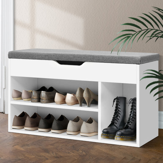 Shoe Rack Bench – Cushioned Seat, White Particle Board