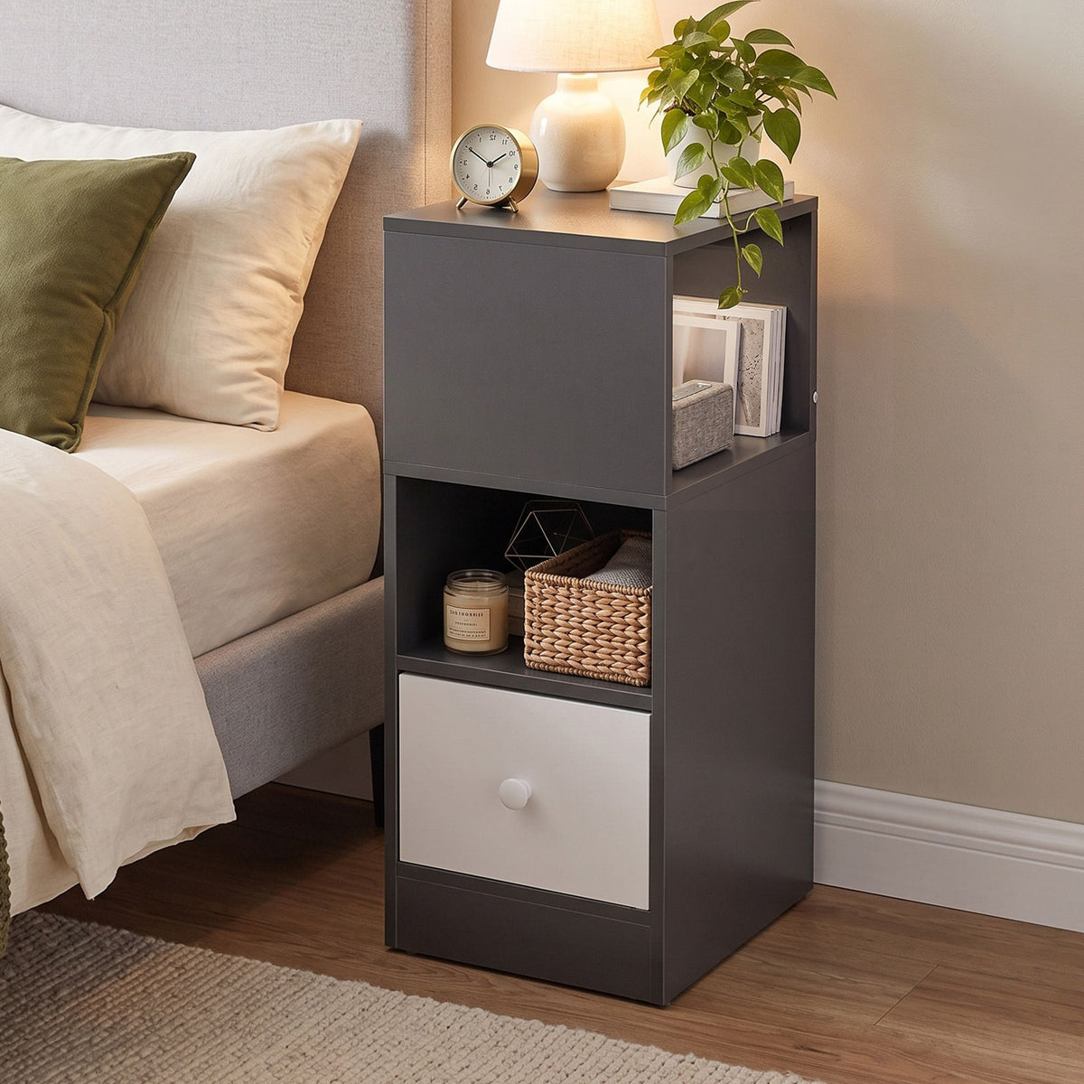 TWSC Narrow Bedside Table Grey Small Side Cabinet 1 Drawer
