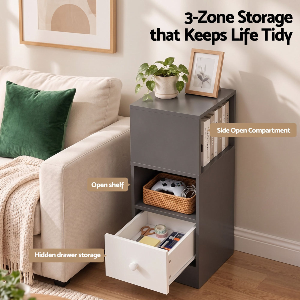 TWSC Narrow Bedside Table Grey Small Side Cabinet 1 Drawer