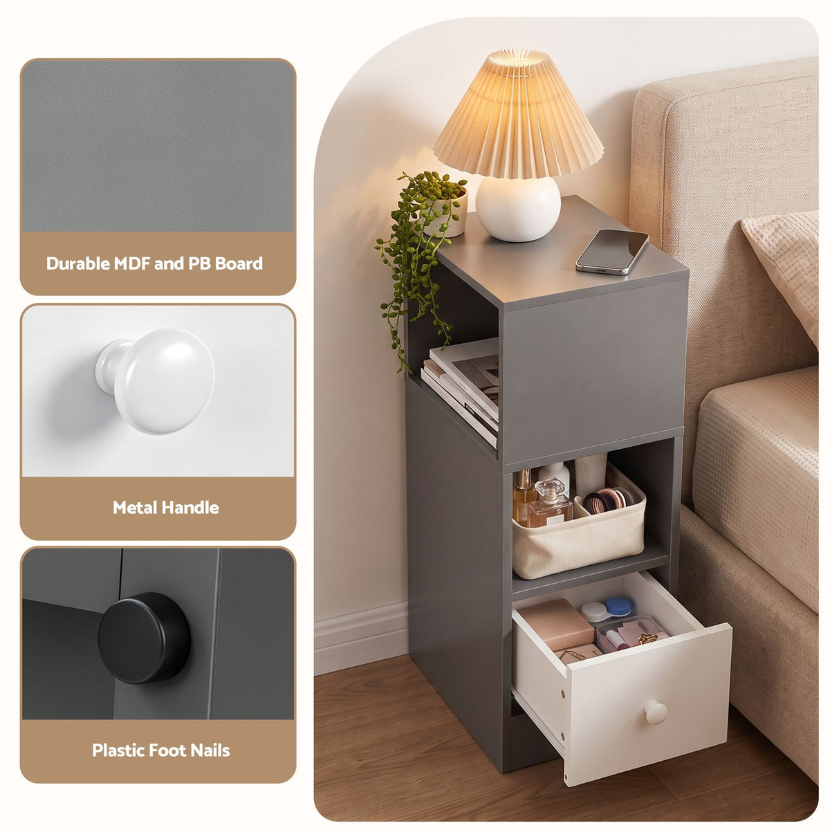 TWSC Narrow Bedside Table Grey Small Side Cabinet 1 Drawer