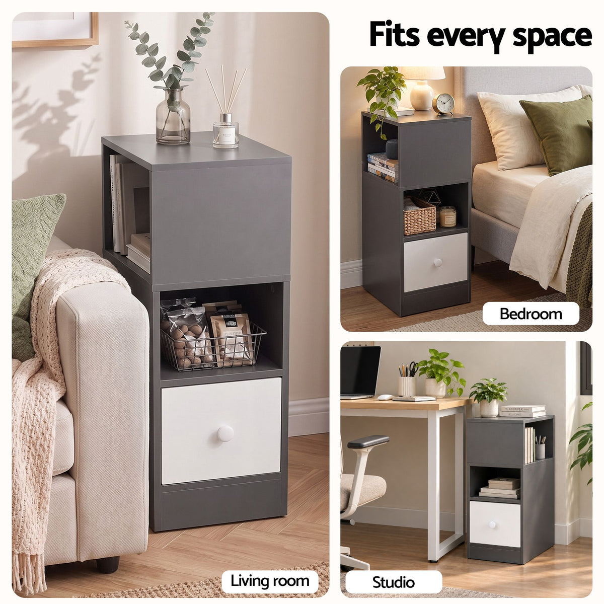 TWSC Narrow Bedside Table Grey Small Side Cabinet 1 Drawer