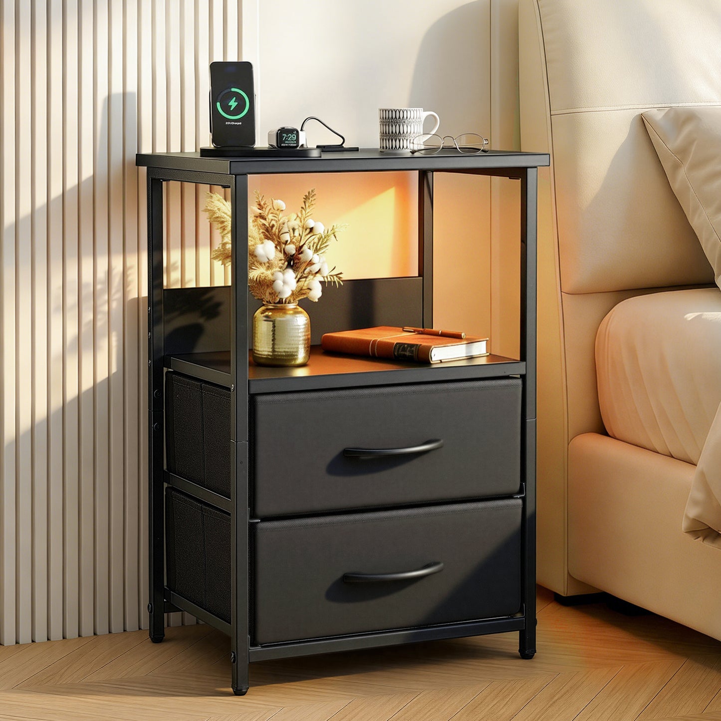 Bedside Table with LED Lighting and Charging Station – Black, 2 Foldable Drawers