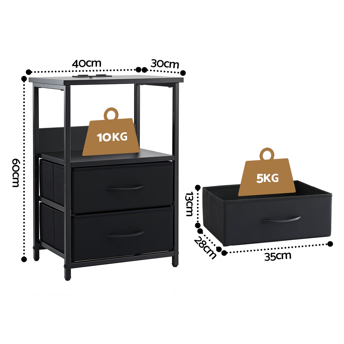 Bedside Table with LED Lighting and Charging Station – Black, 2 Foldable Drawers