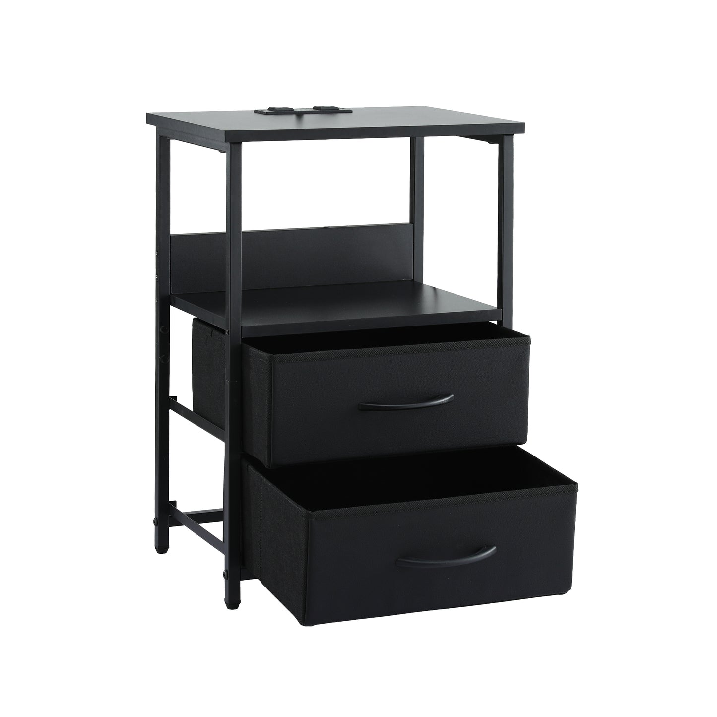 Bedside Table with LED Lighting and Charging Station – Black, 2 Foldable Drawers