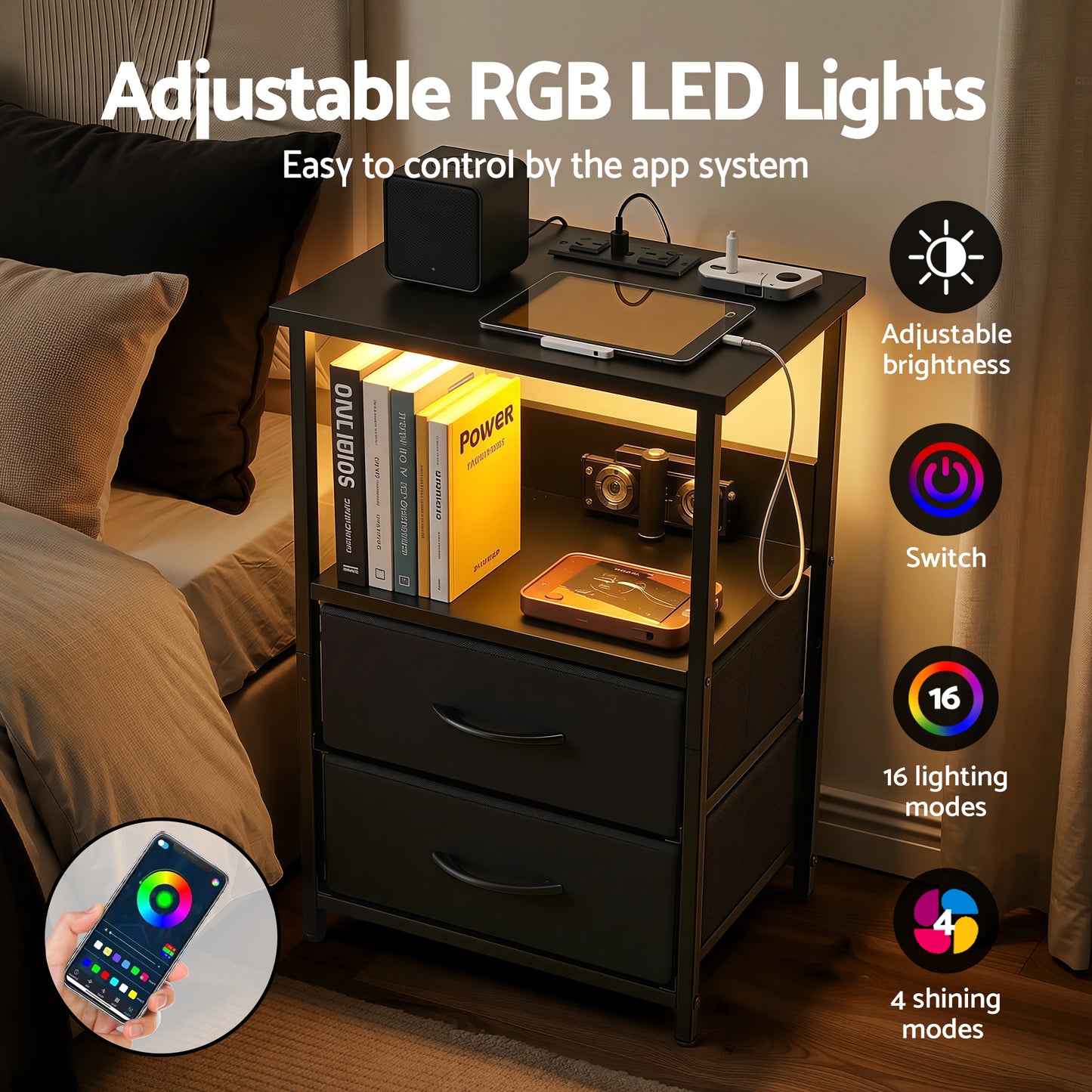 Bedside Table with LED Lighting and Charging Station – Black, 2 Foldable Drawers