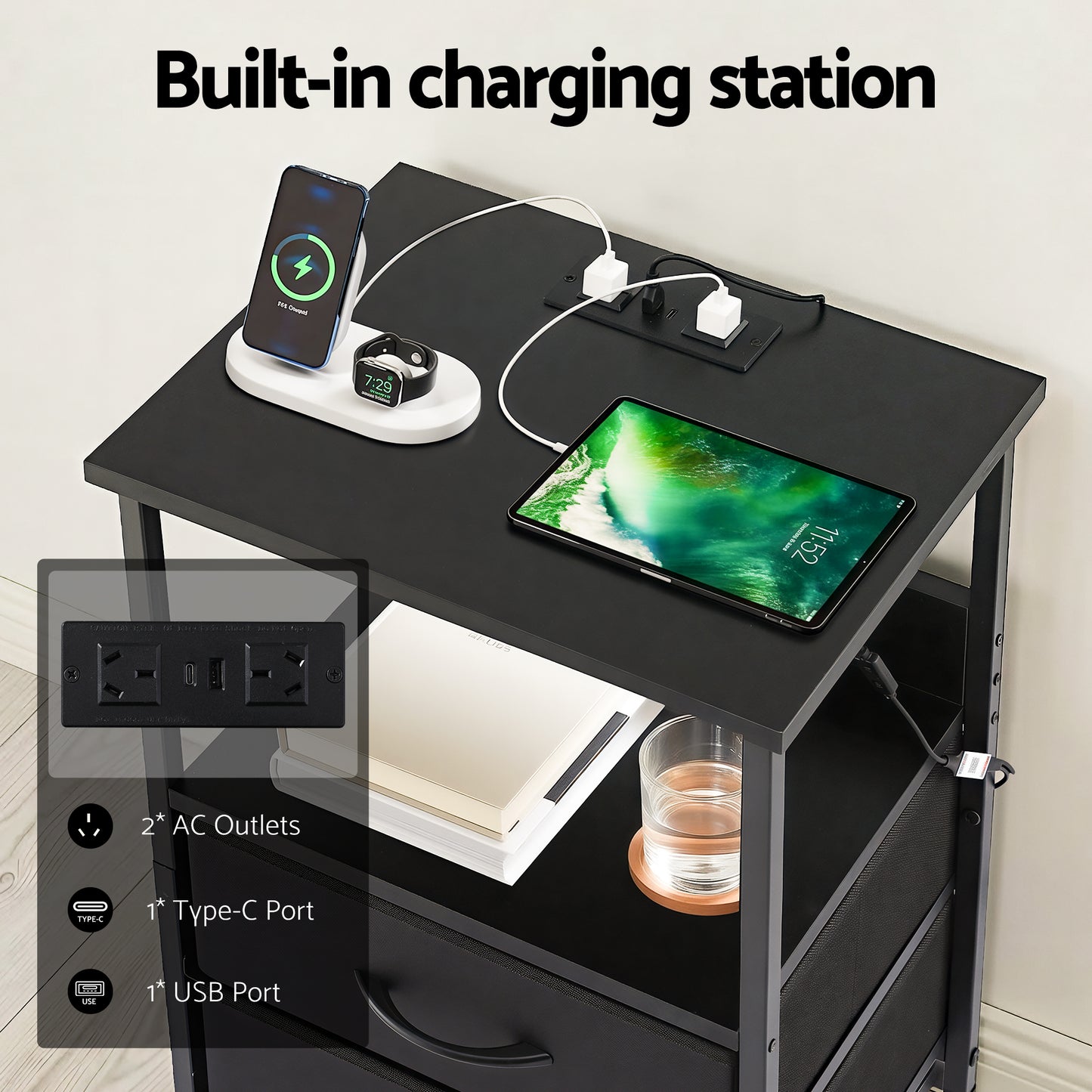 Bedside Table with LED Lighting and Charging Station – Black, 2 Foldable Drawers