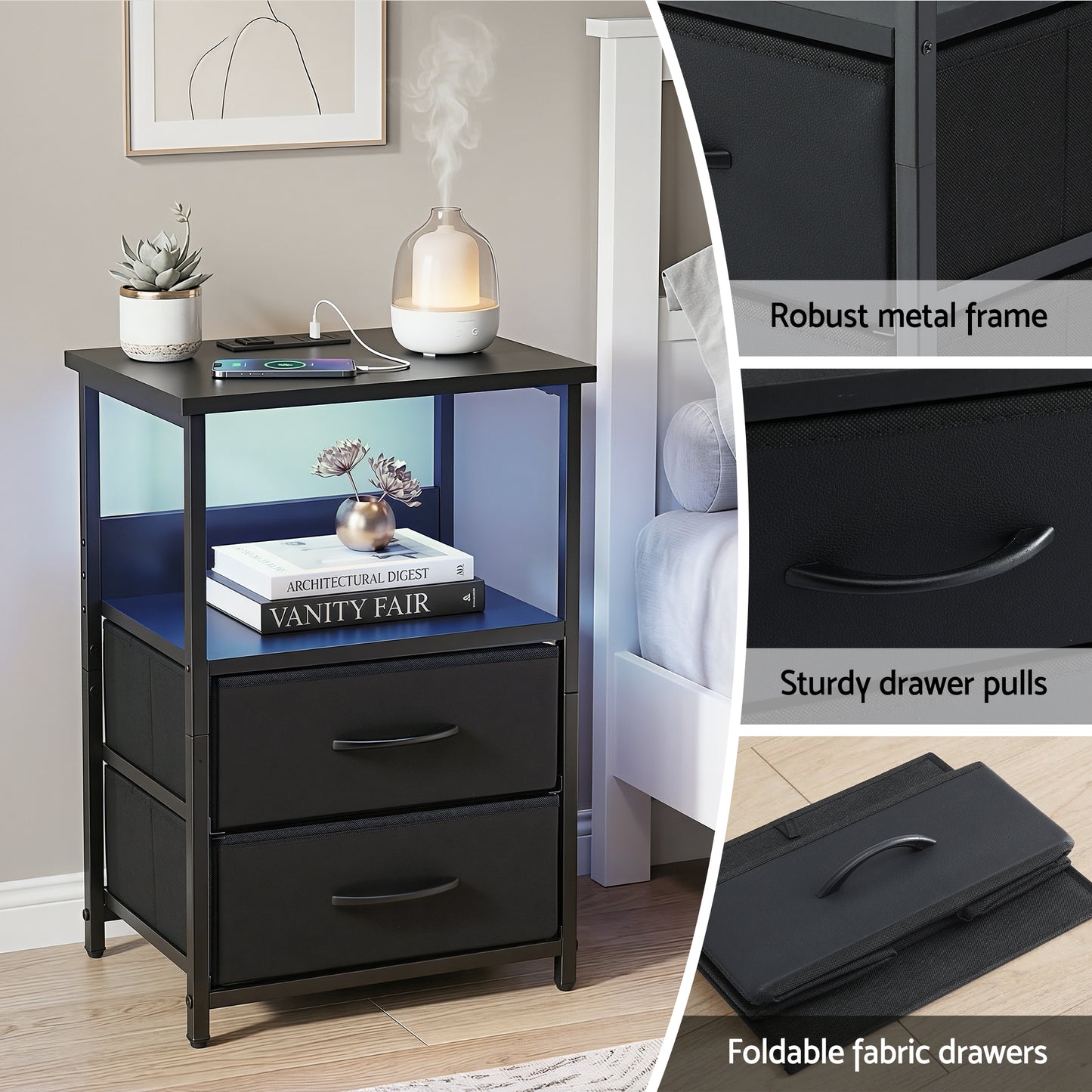 Bedside Table with LED Lighting and Charging Station – Black, 2 Foldable Drawers