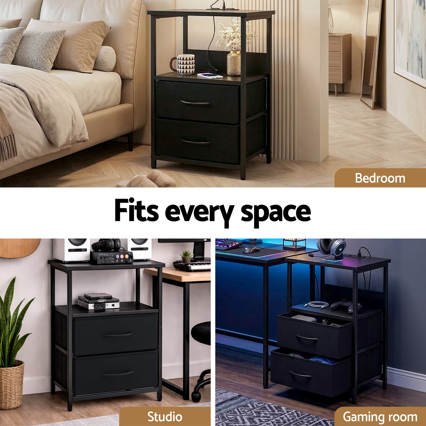 Bedside Table with LED Lighting and Charging Station – Black, 2 Foldable Drawers