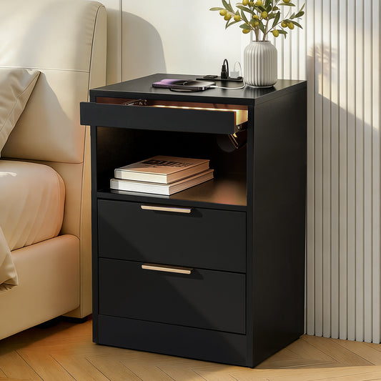 TWSC Bedside Table LED Nightstand Charging Station 2 Drawers - Black