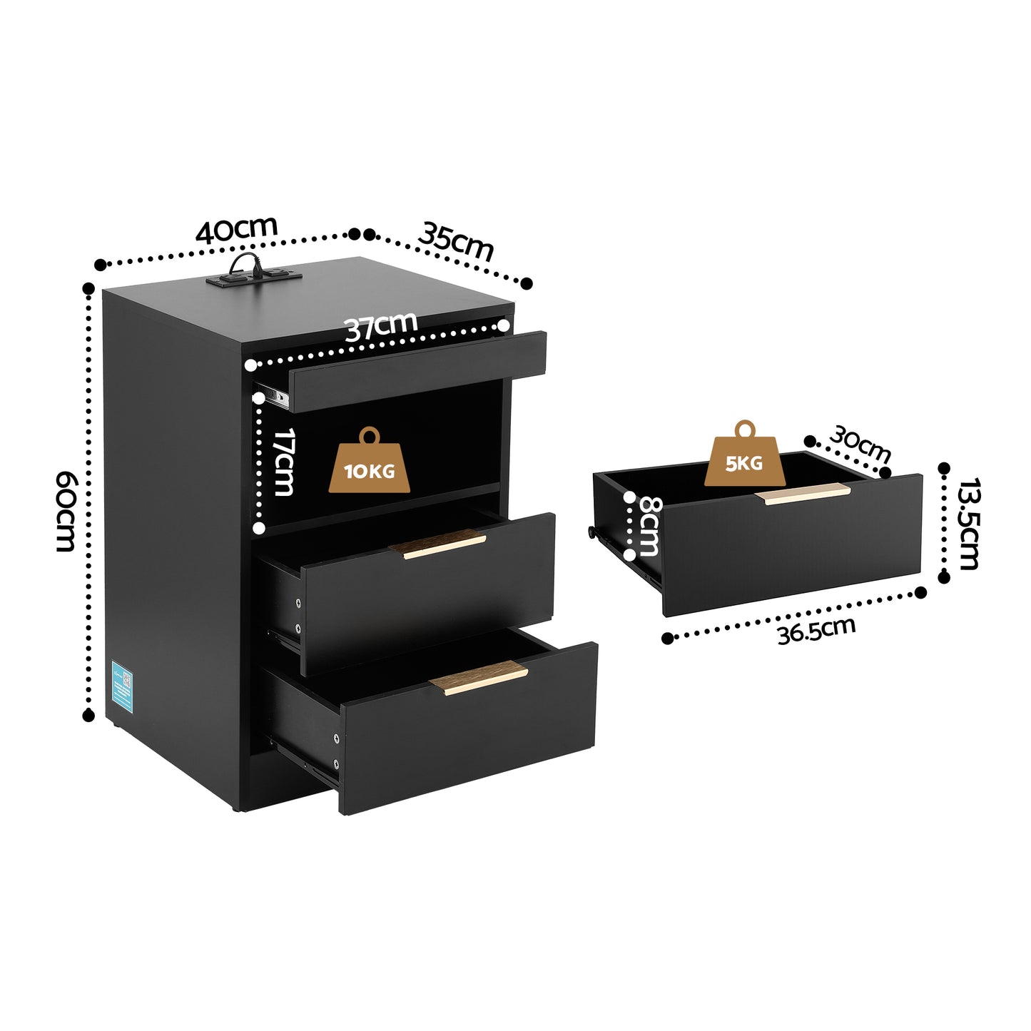 Bedside Table with LED Nightstand and Charging Station – Black, 2 Drawers