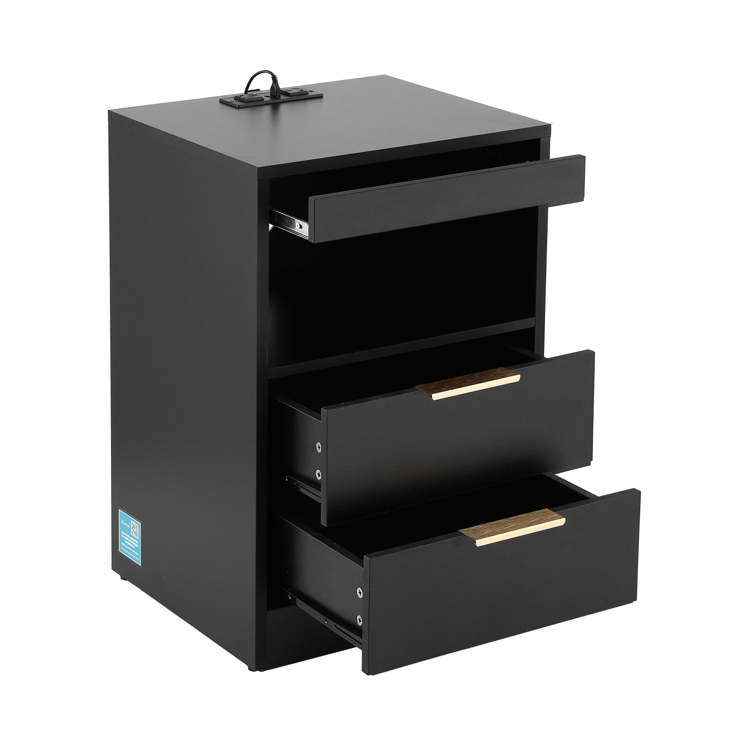 Bedside Table with LED Nightstand and Charging Station – Black, 2 Drawers