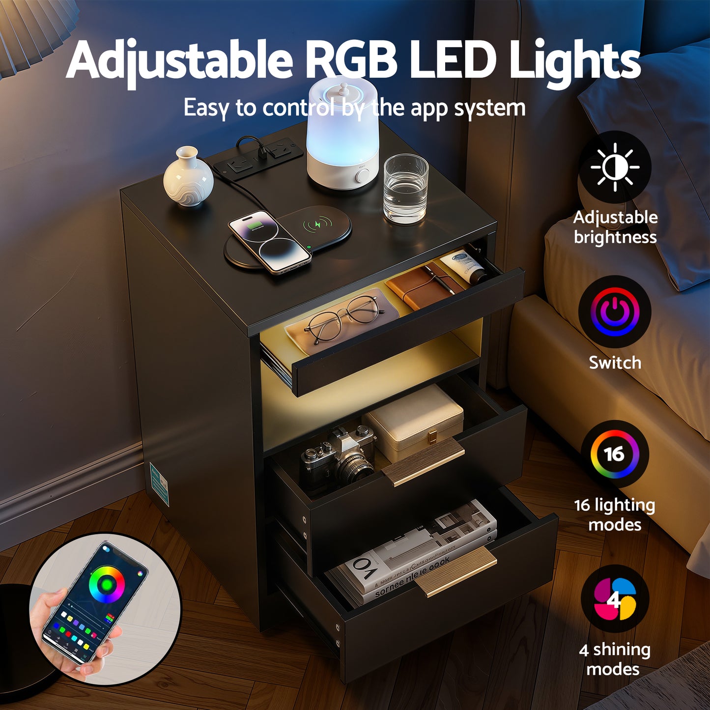 Bedside Table with LED Nightstand and Charging Station – Black, 2 Drawers