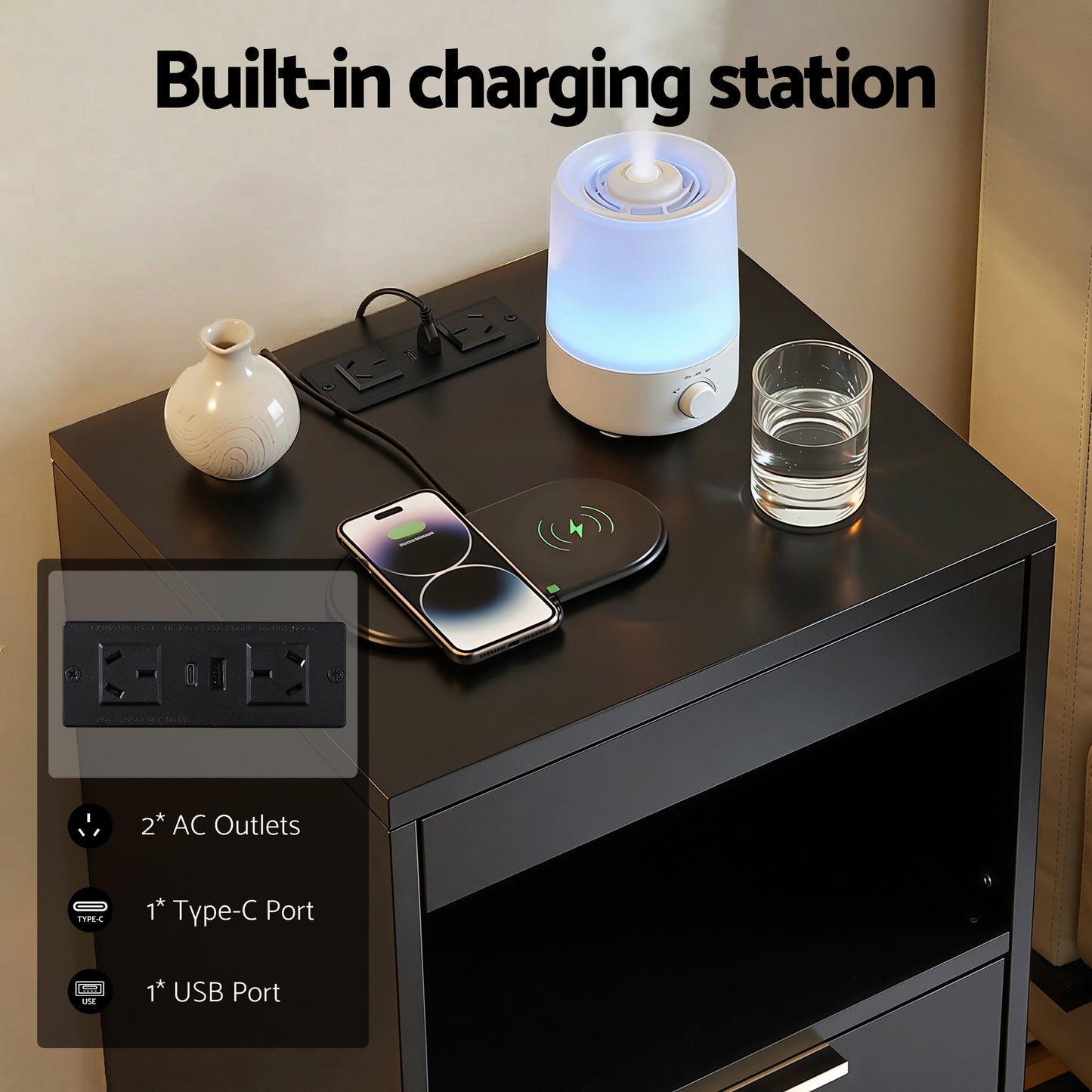 Bedside Table with LED Nightstand and Charging Station – Black, 2 Drawers