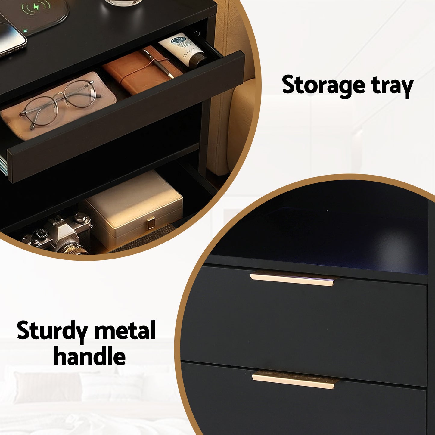 Bedside Table with LED Nightstand and Charging Station – Black, 2 Drawers