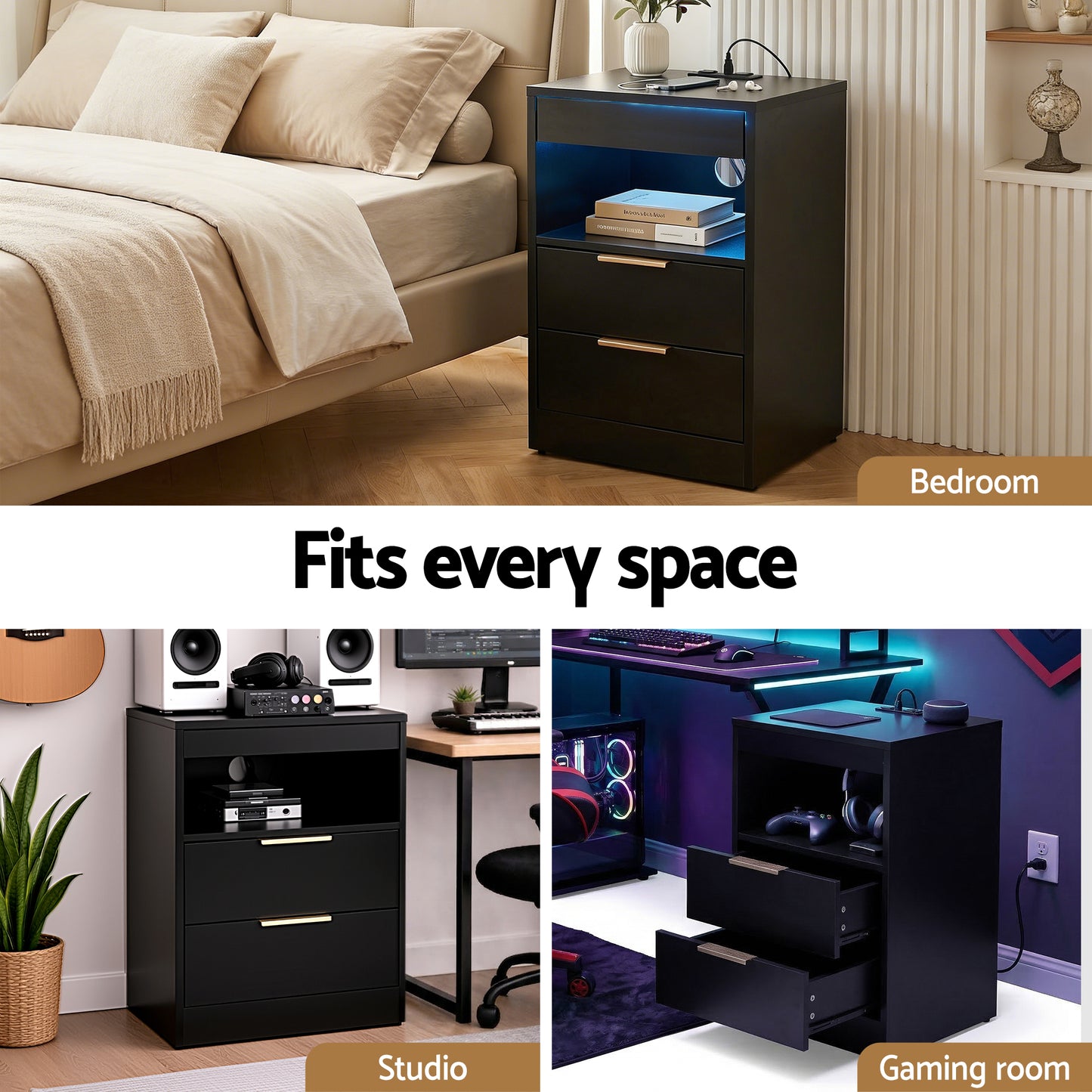 Bedside Table with LED Nightstand and Charging Station – Black, 2 Drawers
