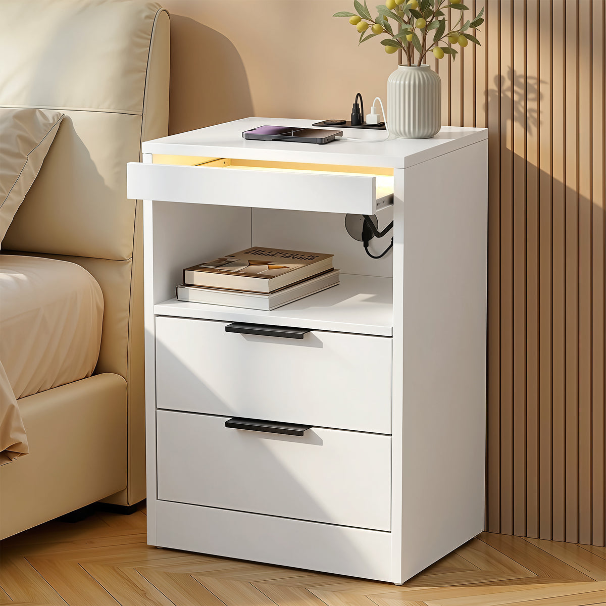 TWSC Bedside Table LED Nightstand Charging Station 2 Drawers - White
