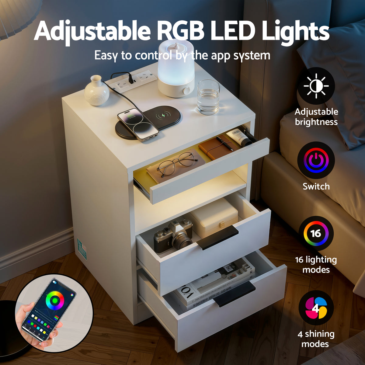TWSC Bedside Table LED Nightstand Charging Station 2 Drawers - White