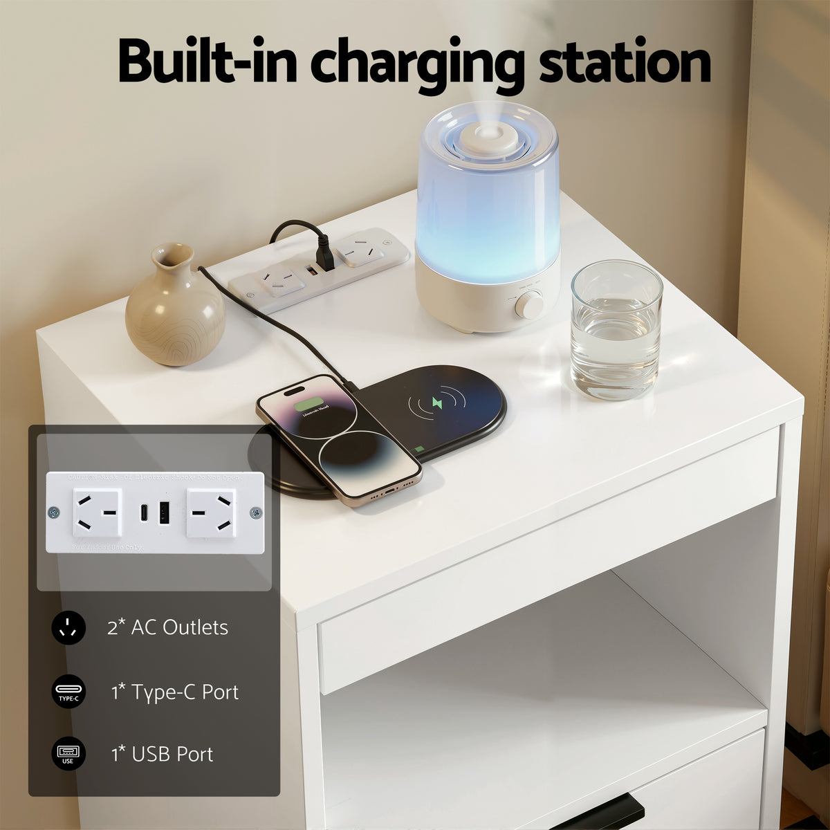 TWSC Bedside Table LED Nightstand Charging Station 2 Drawers - White