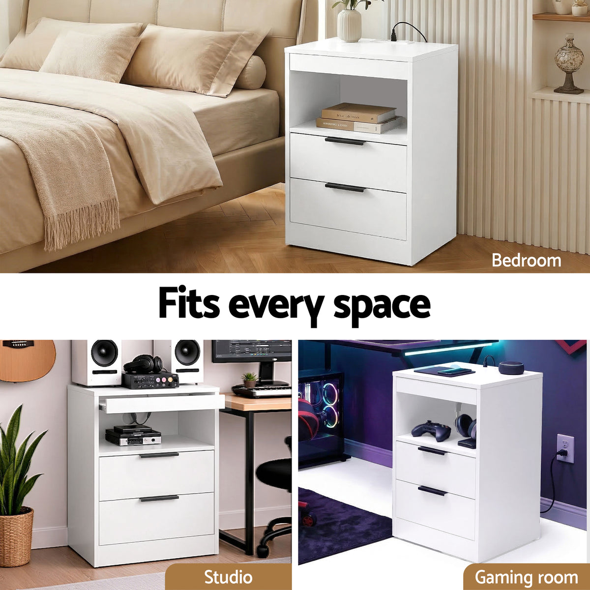 TWSC Bedside Table LED Nightstand Charging Station 2 Drawers - White