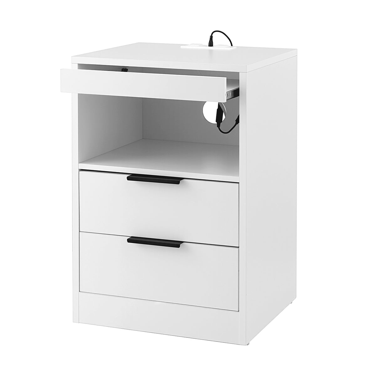 TWSC Bedside Table LED Nightstand Charging Station 2 Drawers - White