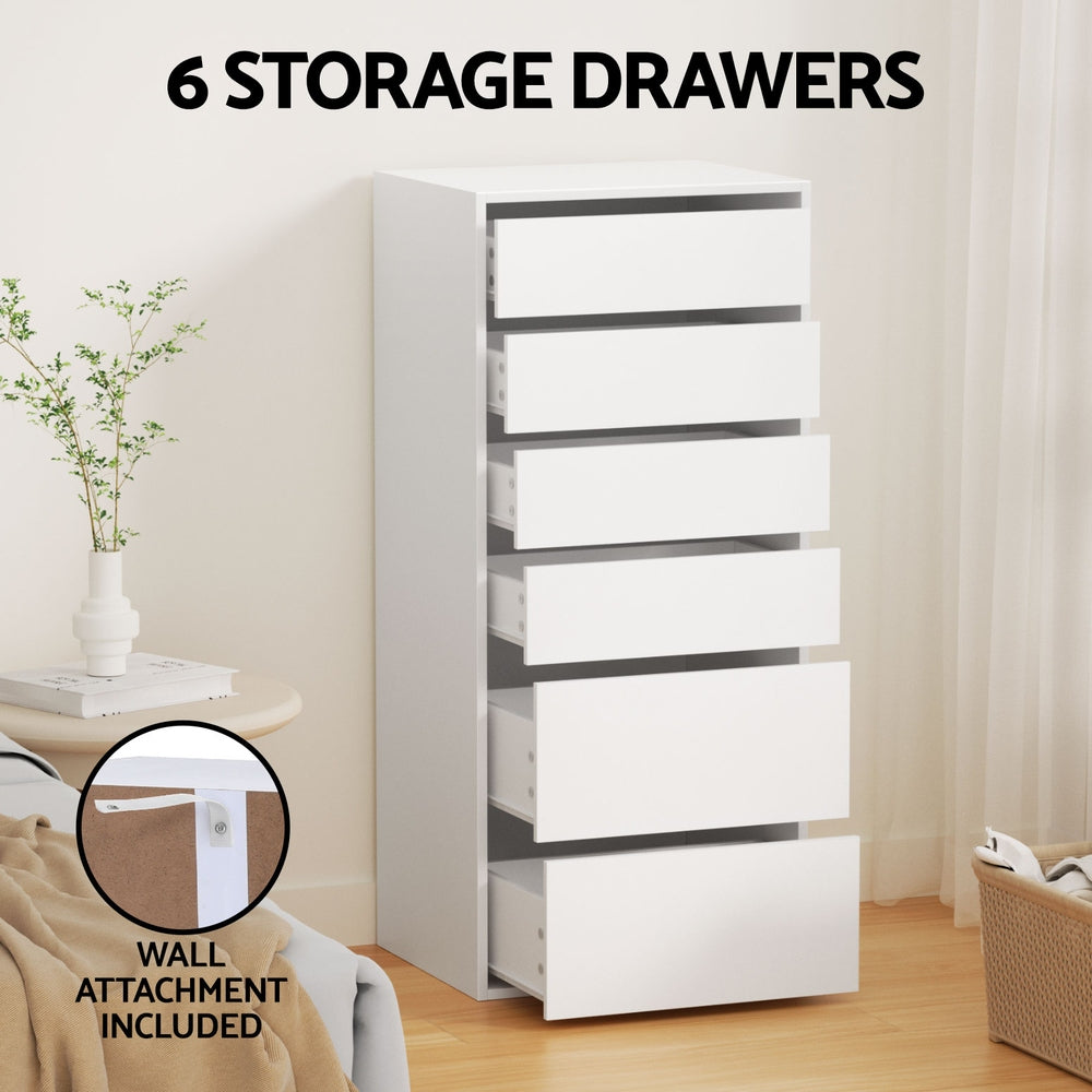 Chest of Drawers Dresser – 6 Spacious Drawers, White Tallboy