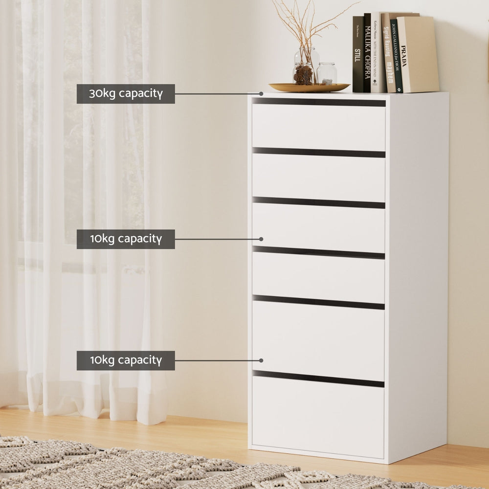 Chest of Drawers Dresser – 6 Spacious Drawers, White Tallboy