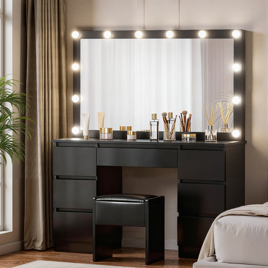 Dressing Table Vanity Set – 12 LED Bulbs, Black with Stool