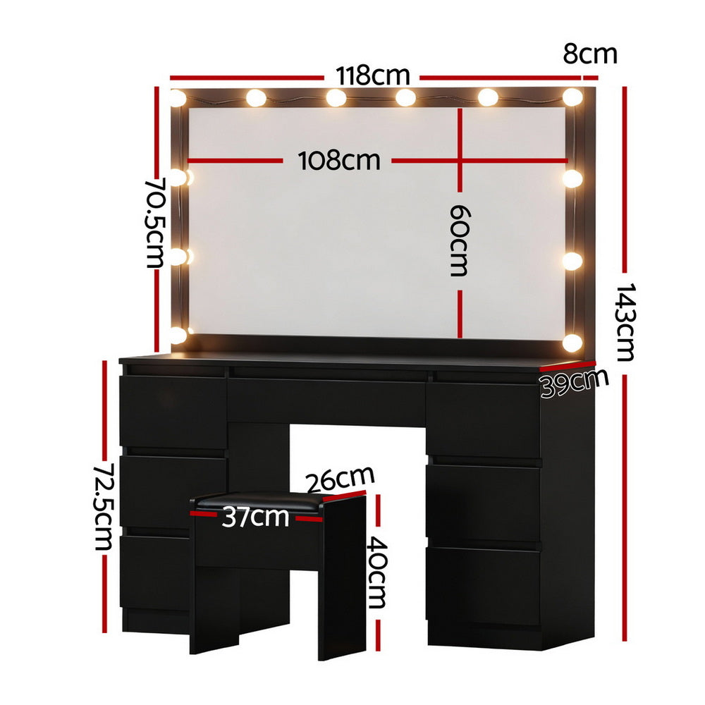 Dressing Table Vanity Set – 12 LED Bulbs, Black with Stool