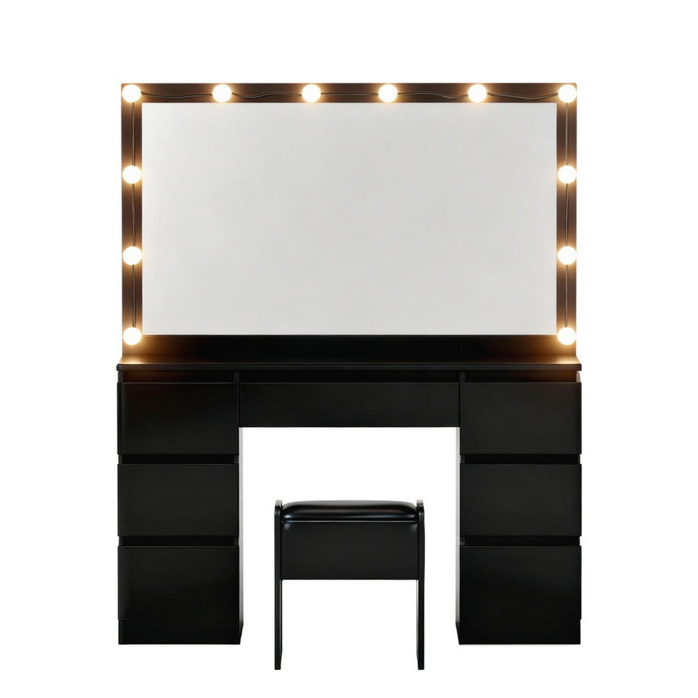 Dressing Table Vanity Set – 12 LED Bulbs, Black with Stool