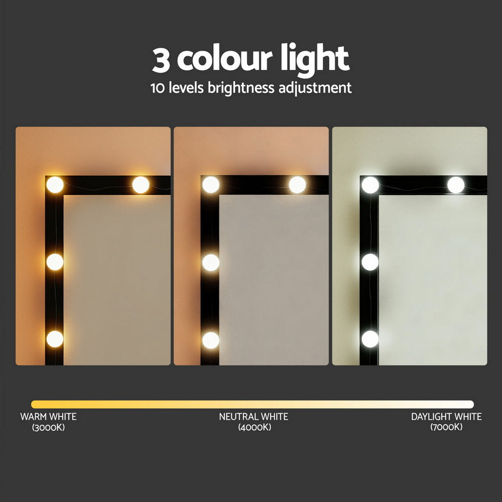 Dressing Table Vanity Set – 12 LED Bulbs, Black with Stool