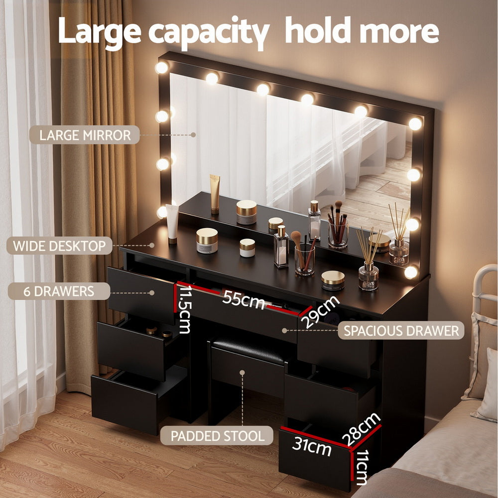 Dressing Table Vanity Set – 12 LED Bulbs, Black with Stool