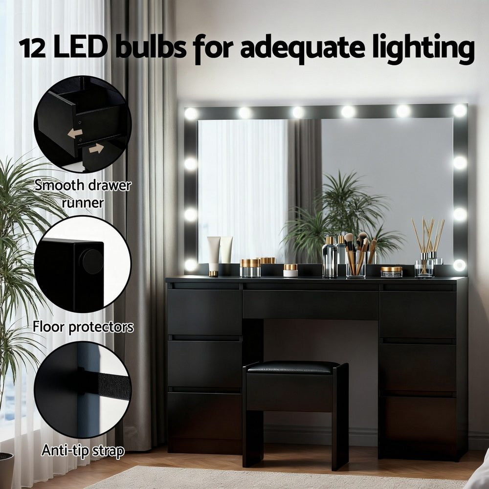 Dressing Table Vanity Set – 12 LED Bulbs, Black with Stool