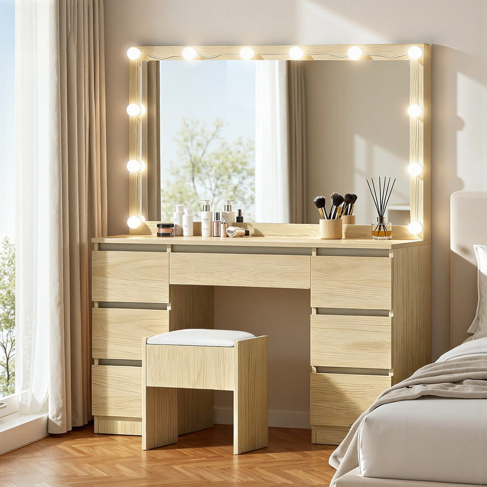 Dressing Table Vanity Set – LED Lighting, Wood Finish with Stool