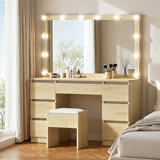 Dressing Table Vanity Set – LED Lighting, Wood Finish with Stool