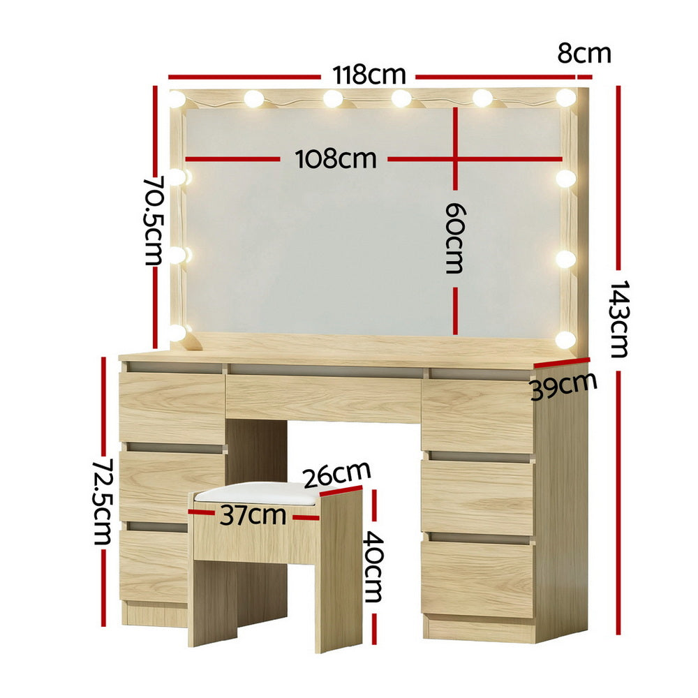 Dressing Table Vanity Set – LED Lighting, Wood Finish with Stool
